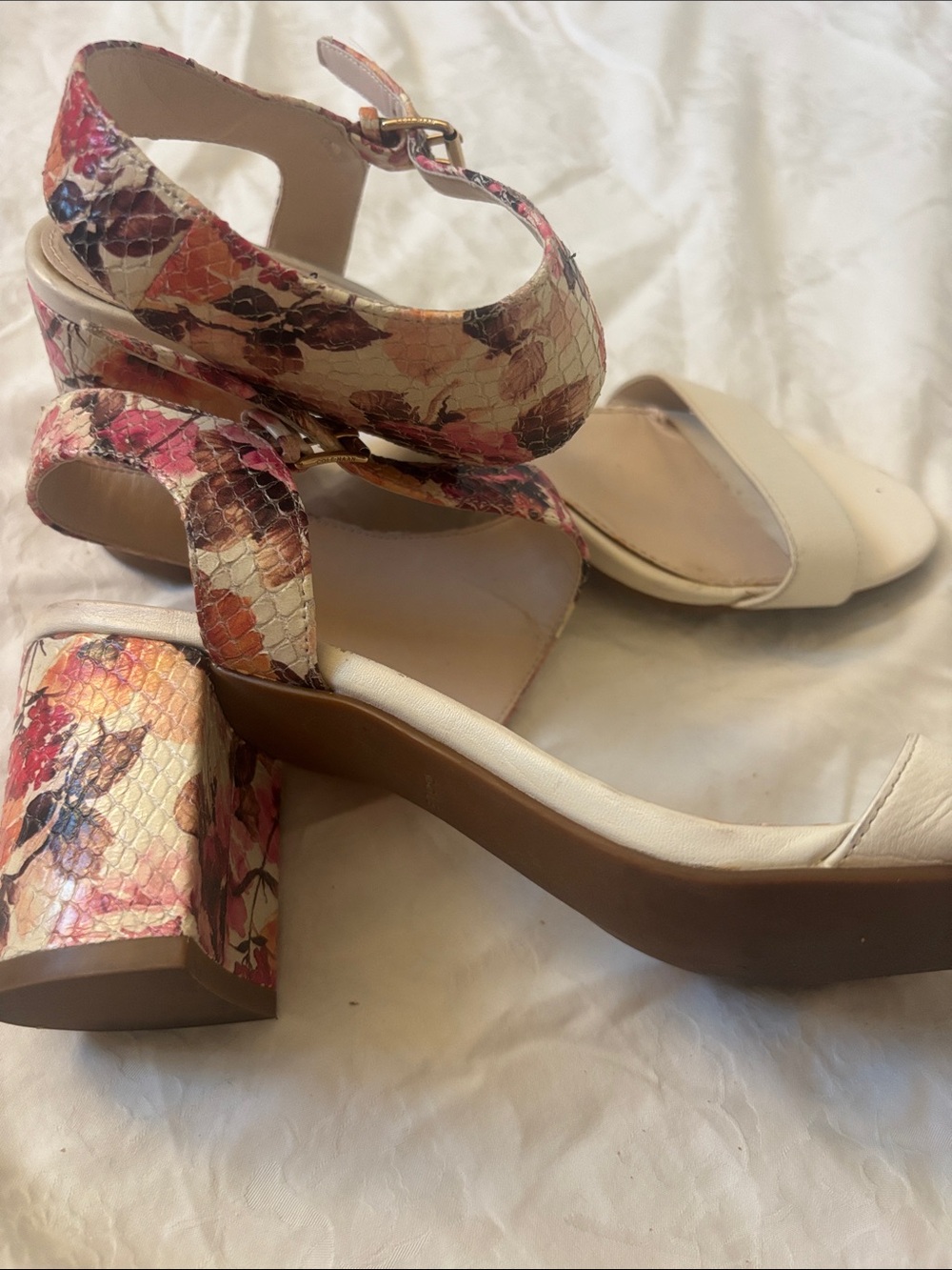 Cole Haan Cream Block Heel Sandals with Pink Floral Straps, Sz 8B